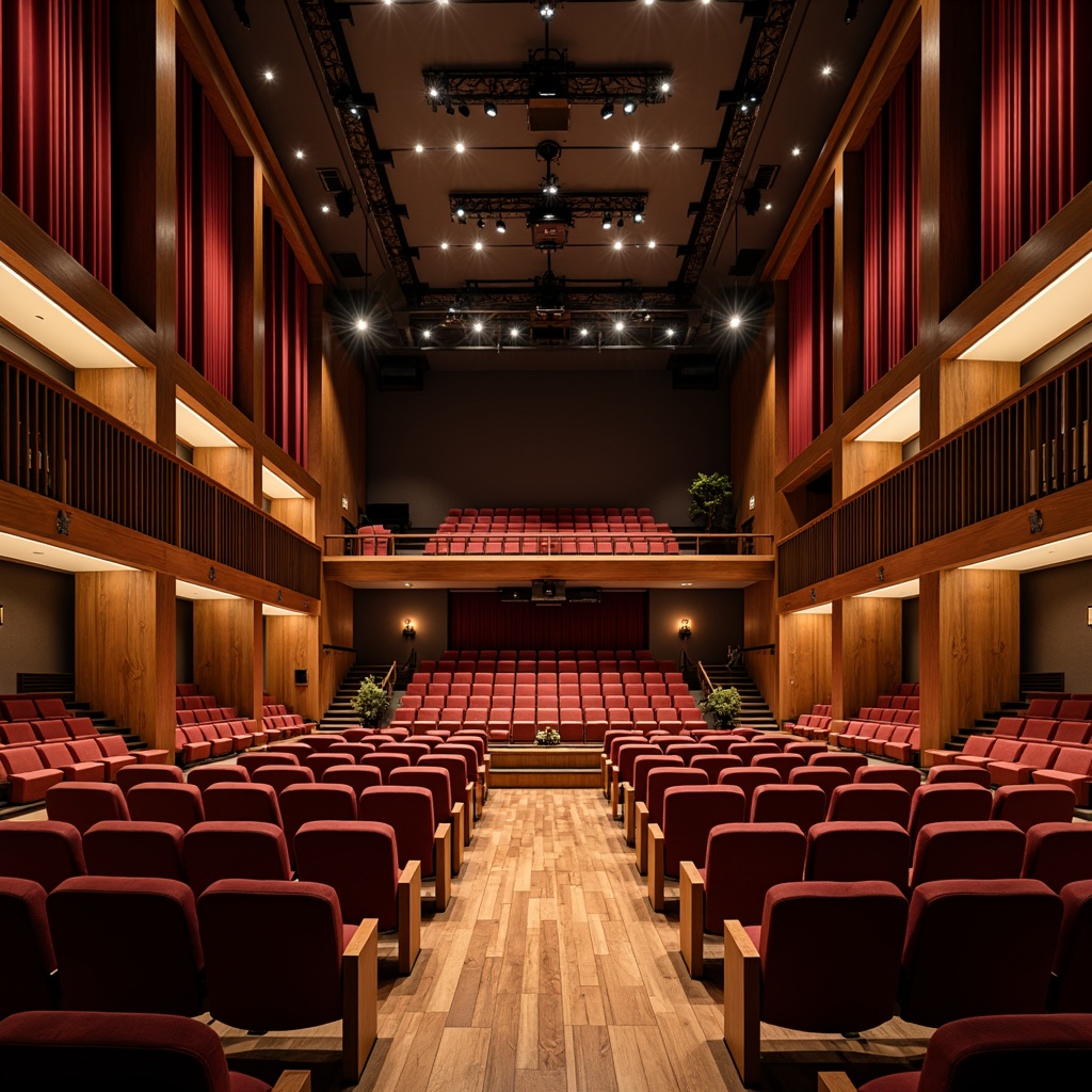 Prompt: Intimate concert hall, rich wood tones, velvet curtains, plush theater seats, polished wooden floors, acoustic panels, sound-absorbing materials, state-of-the-art sound systems, suspended ceilings, tiered seating, grand chandeliers, ornate moldings, soft warm lighting, shallow depth of field, 1/2 composition, atmospheric ambiance, realistic reflections, subtle shading.