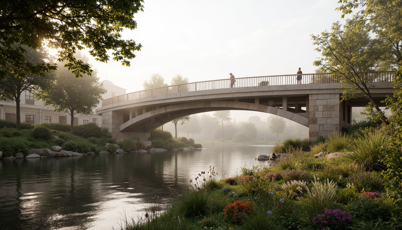 Prompt: Elegant bridge design, sweeping arches, rustic stone foundations, lush greenery, vibrant flowers, rippling water reflections, serene riverbanks, misty morning atmosphere, soft warm lighting, shallow depth of field, 3/4 composition, panoramic view, realistic textures, ambient occlusion, eco-friendly materials, sustainable energy solutions, wind turbines, water conservation systems, green roofs, innovative cooling technologies, shaded outdoor spaces, natural ventilation systems, organic curves, minimalist design.