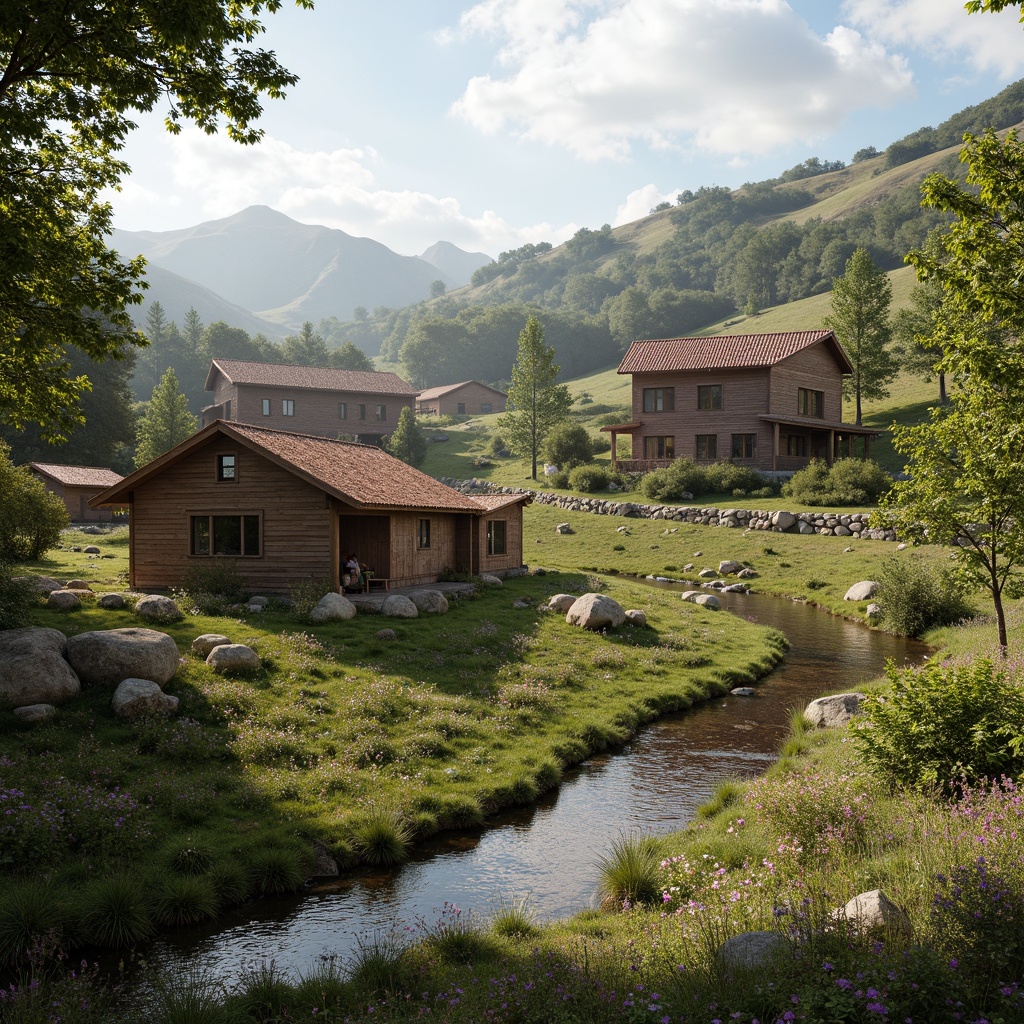 Prompt: Rustic rural landscape, rolling hills, meandering streams, traditional vernacular architecture, earthy tones, natural stone walls, wooden accents, clay tile roofs, lush greenery, blooming wildflowers, sunny afternoon, warm soft lighting, shallow depth of field, 1/2 composition, realistic textures, ambient occlusion.