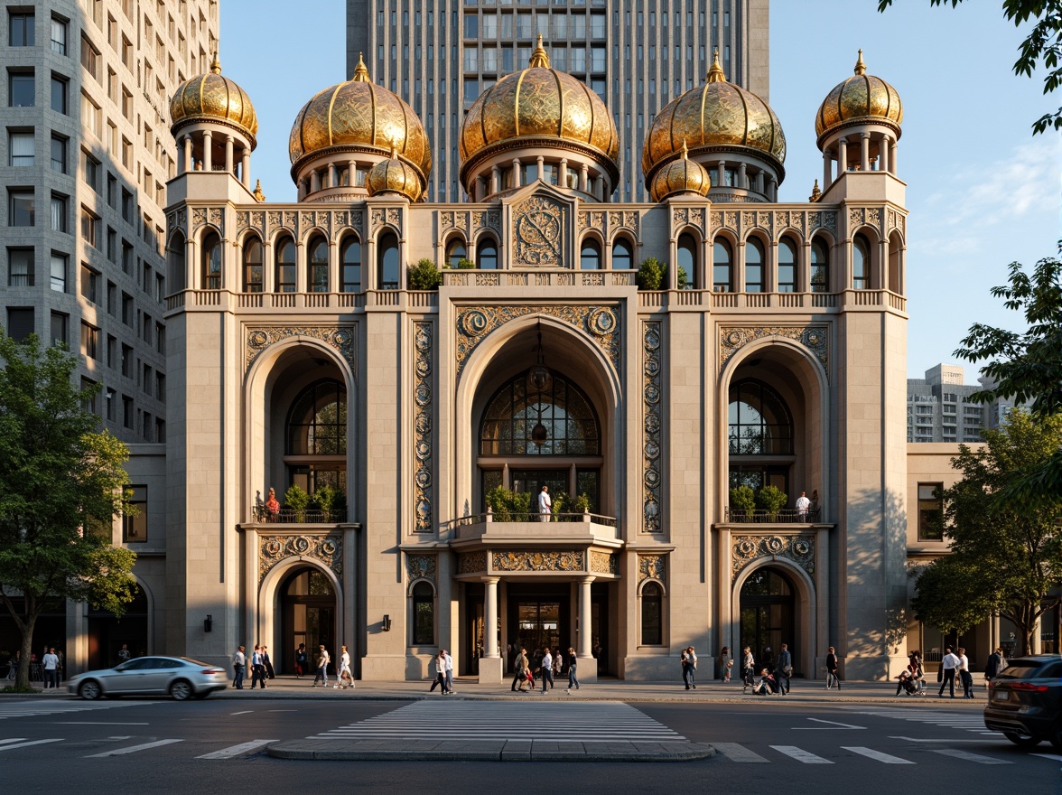 Prompt: Ornate Byzantine skyscraper facade, golden domes, intricate stone carvings, majestic arches, ornamental columns, vibrant mosaic patterns, grand entranceways, imposing scale, urban cityscape, bustling streets, morning sunlight, warm soft lighting, shallow depth of field, 1/2 composition, dramatic shadows, realistic textures, ambient occlusion.