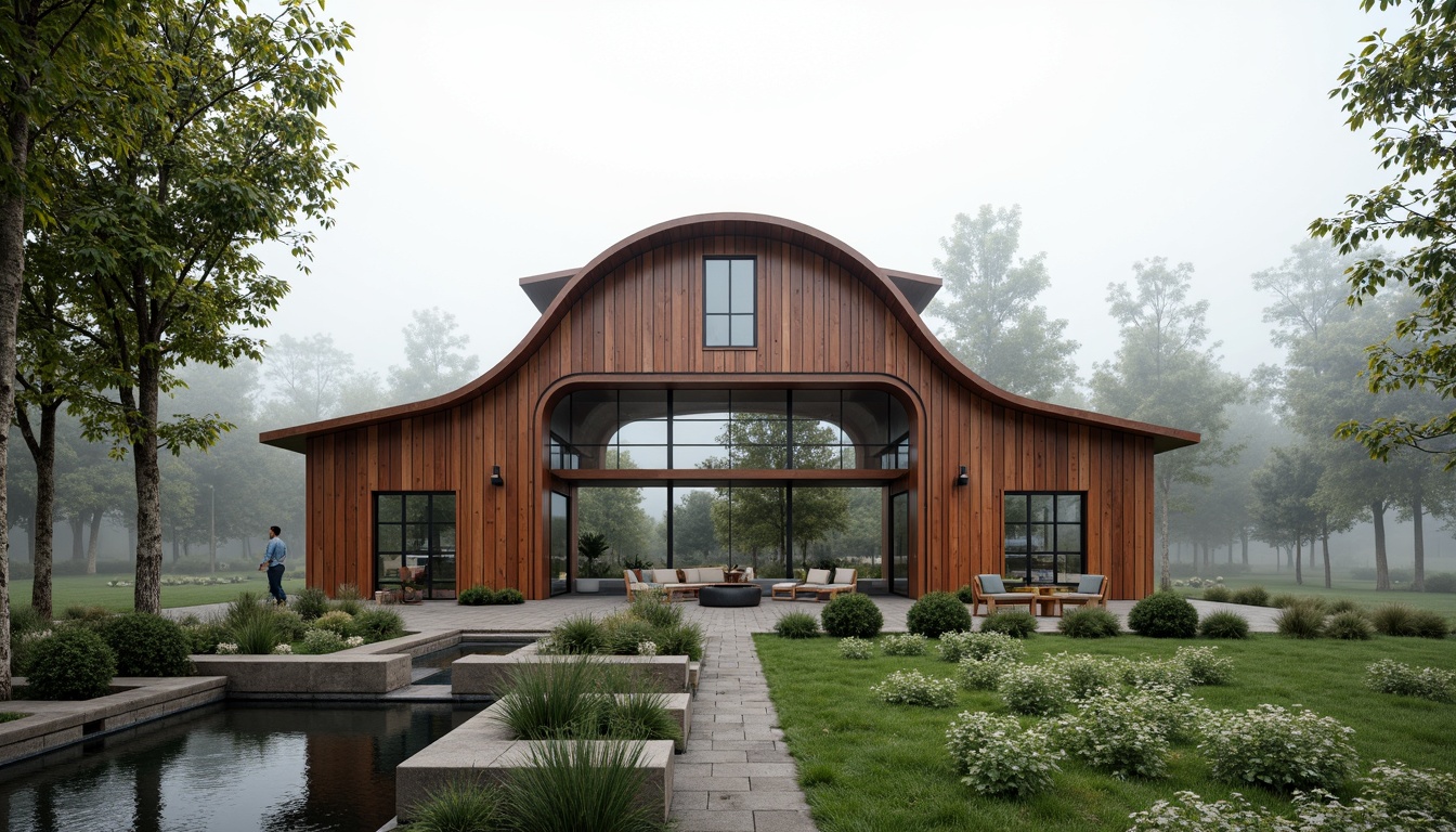 Prompt: Rustic barn-inspired fa\u00e7ade, curved metal panels, sleek streamline moderne lines, silver-gray steel frames, large glass windows, minimalist ornamentation, natural stone bases, green roof systems, solar panels, water feature walls, serene countryside surroundings, misty morning atmosphere, soft diffused lighting, shallow depth of field, 1/1 composition, realistic reflective surfaces, ambient occlusion.