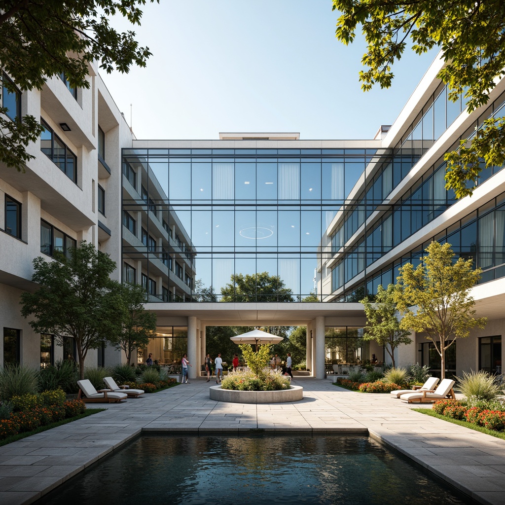 Prompt: Modern hospital building, international style facade, sleek glass curtain walls, minimalist metal frames, clean lines, white stone cladding, subtle LED lighting, spacious entrance plaza, lush greenery, vibrant flowers, comfortable outdoor seating, natural stone walkways, calming water features, shallow reflection pool, warm sunny day, soft diffused lighting, 1/1 composition, realistic textures, ambient occlusion.