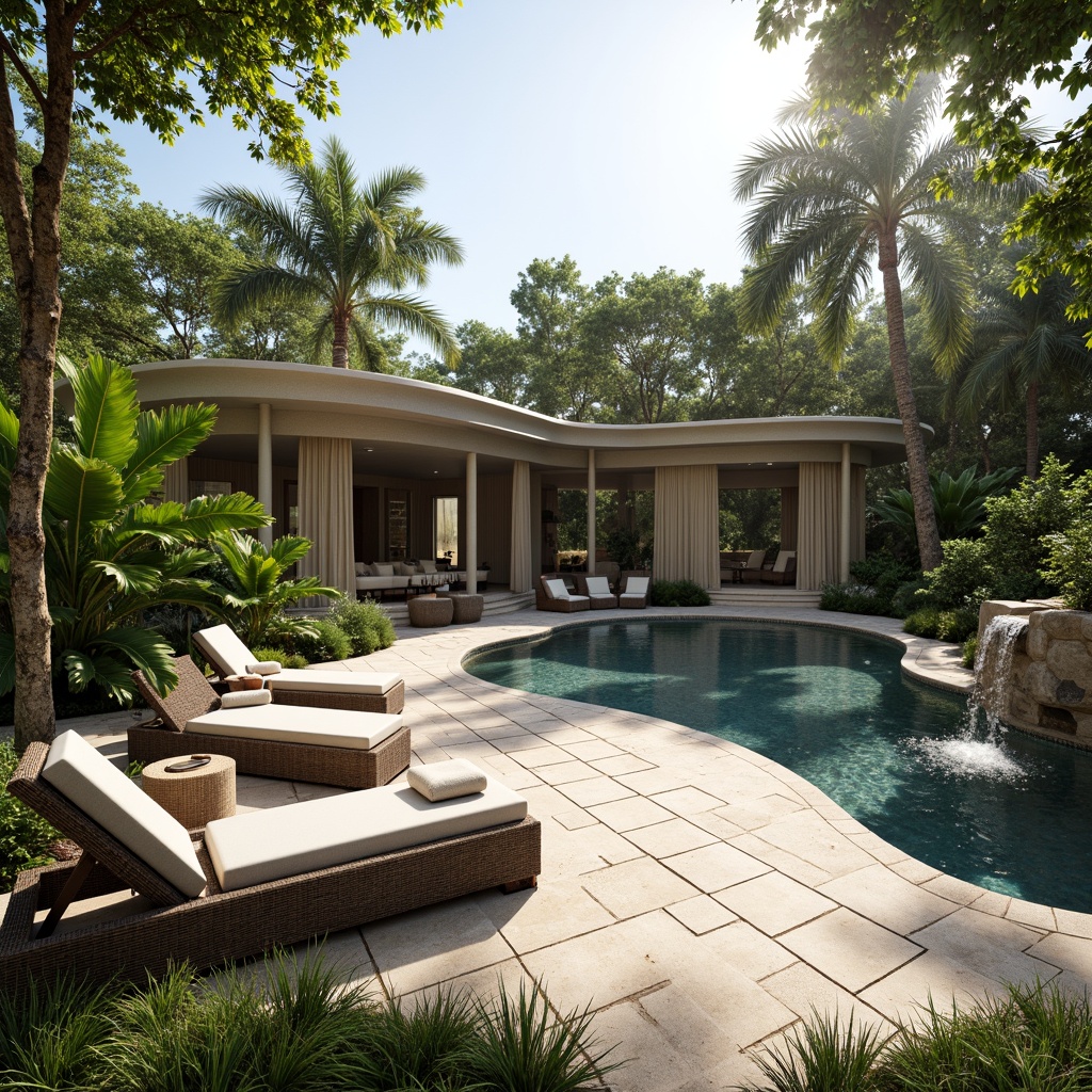 Prompt: Natural stone pool deck, lush greenery surroundings, tropical plants, waterfall feature, infinity edge, sunny day, warm lighting, shallow depth of field, 3/4 composition, panoramic view, realistic textures, ambient occlusion, seamless integration with landscape, organic curves, modern minimalist design, large glass windows, sliding doors, outdoor lounge chairs, beach-inspired colors, driftwood accents, woven textiles, natural fabrics.