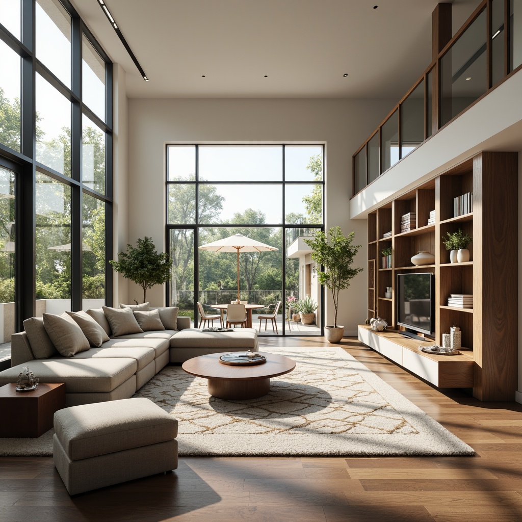 Prompt: Modern living room, sleek furniture, neutral color palette, minimalist decor, floor-to-ceiling windows, natural light pouring in, open-plan layout, functional zones, comfortable seating areas, wooden flooring, soft carpeting, built-in shelving, geometric patterns, subtle textures, warm ambient lighting, layered lighting design, 1/1 composition, shallow depth of field, realistic render.