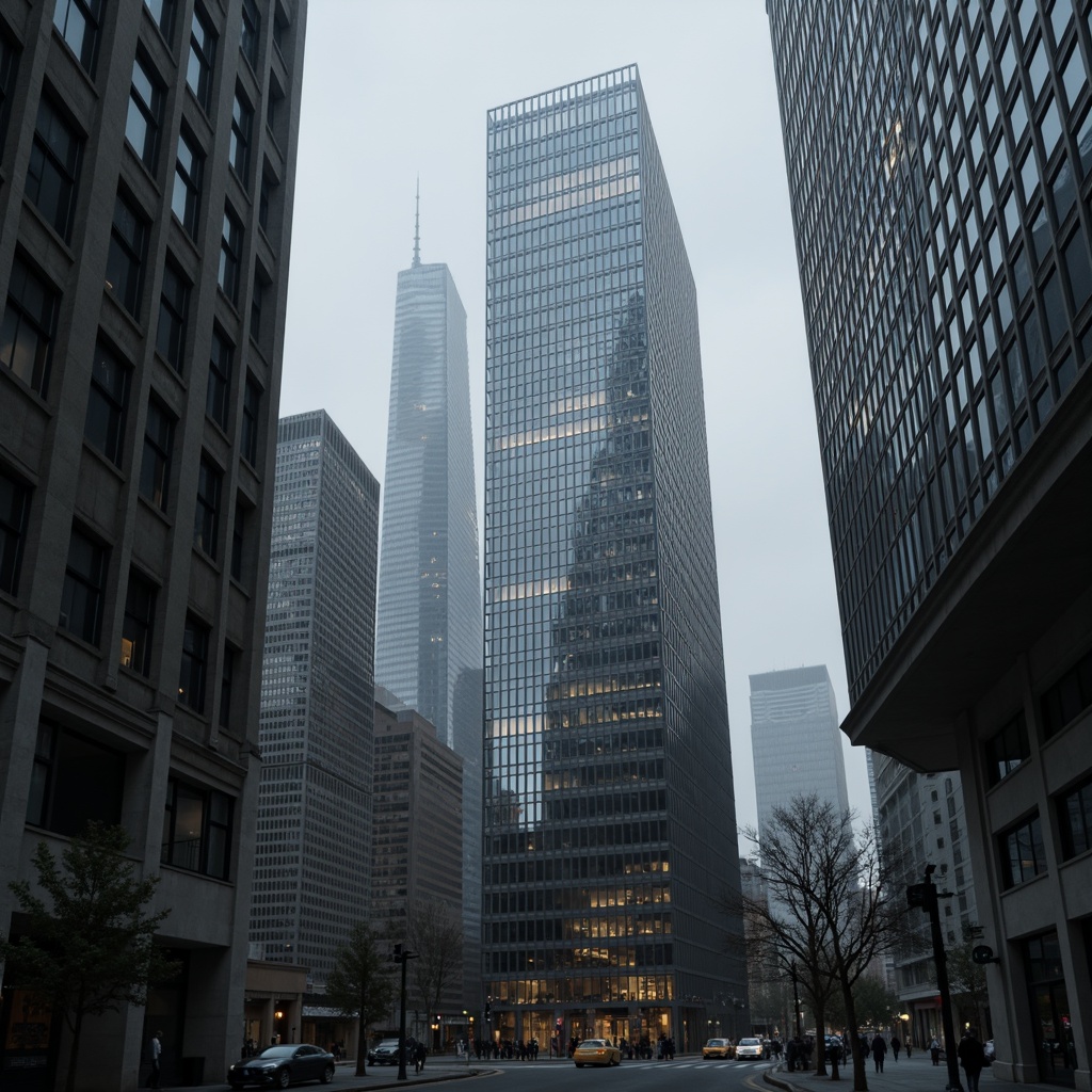 Prompt: Monochromatic skyscrapers, sleek glass towers, futuristic architecture, metallic accents, neon lights, urban cityscape, dusk ambiance, moody atmospheric lighting, misty fog effect, shallow depth of field, 1/2 composition, cinematic view, realistic reflections, ambient occlusion, brutalist concrete structures, minimalist design, industrial materials, functional simplicity.