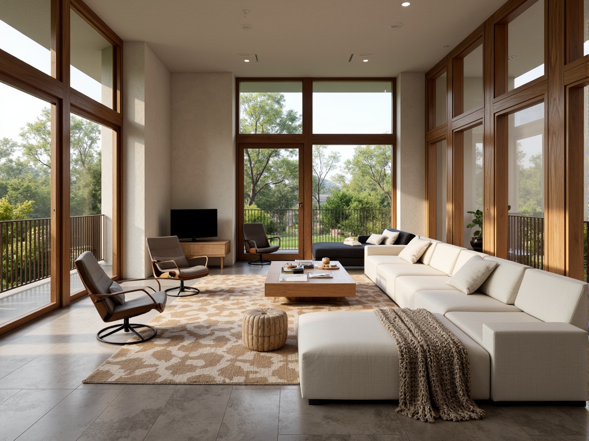 Prompt: Modern living room, minimalist decor, sleek furniture, ergonomic chairs, spacious open-plan layout, natural stone flooring, floor-to-ceiling windows, abundant natural light, warm beige color scheme, textured throw blankets, geometric-patterned rugs, ambient soft lighting, 1/2 composition, shallow depth of field, realistic renderings.