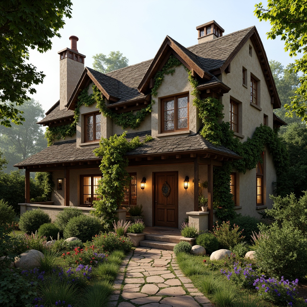 Prompt: Rustic rural cottage, curved lines, flowing organic forms, ornate metalwork, intricate stone carvings, floral patterns, stained glass windows, wooden shutters, earthy color palette, lush greenery, overgrown vines, moss-covered roofs, whimsical chimneys, rustic wooden doors, ornate door handles, vintage lanterns, soft warm lighting, shallow depth of field, 1/1 composition, realistic textures, ambient occlusion.