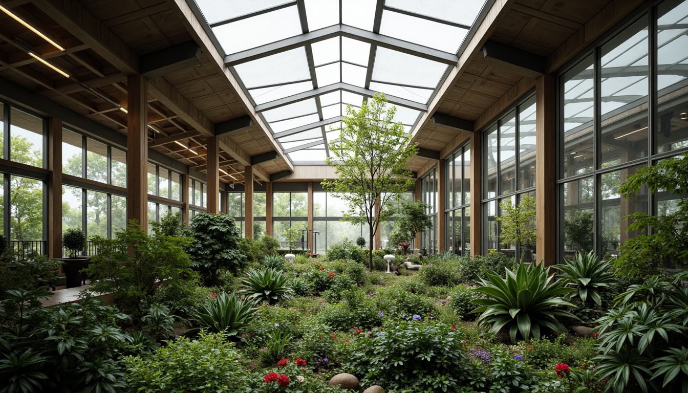 Prompt: Vibrant botanical garden, lush foliage, exotic plants, wooden trellises, metal frames, glass roofs, transparent walls, modern minimalist design, sustainable building materials, natural ventilation systems, clerestory windows, skylights, diffused soft lighting, 1/1 composition, symmetrical architecture, geometric patterns, organic shapes, earthy color palette, misty atmosphere, ambient occlusion.