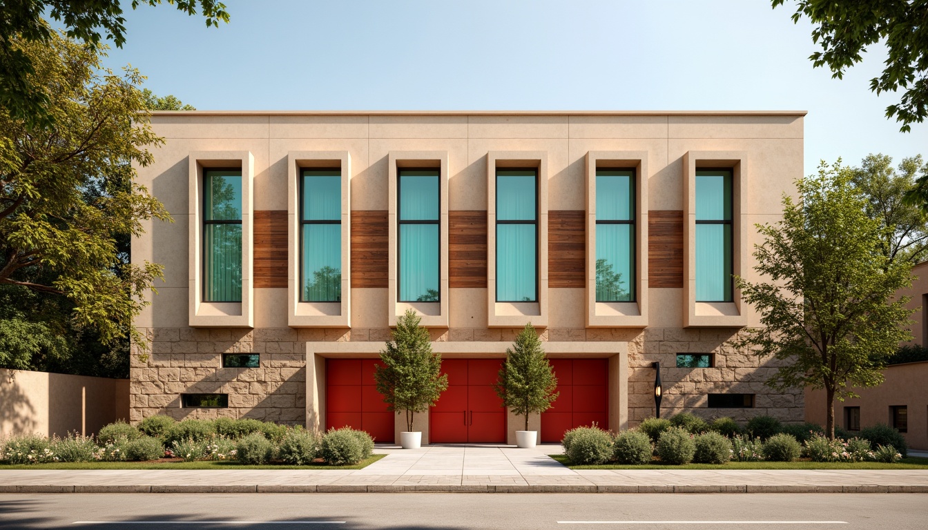 Prompt: Earth-toned courthouse, warm beige fa\u00e7ade, natural stone walls, rustic wood accents, vibrant turquoise windows, bold red doors, modern minimalist design, geometric patterns, urban cityscape, sunny afternoon, soft warm lighting, shallow depth of field, 1/2 composition, realistic textures, ambient occlusion.Please let me know if this meets your requirements!