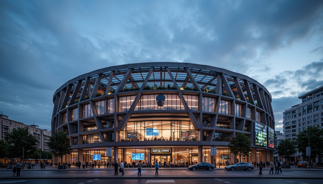 Prompt: Modern stadium facade, sleek steel cladding, curved lines, dynamic shapes, angular columns, cantilevered roofs, grand entrance gates, LED scoreboard displays, floodlighting systems, evening ambience, reflective metallic surfaces, industrial textures, urban landscape, cityscape backdrop, dramatic clouds, low-angle photography, 1/2 composition, high-contrast lighting, vivid colors, intricate steel frameworks.