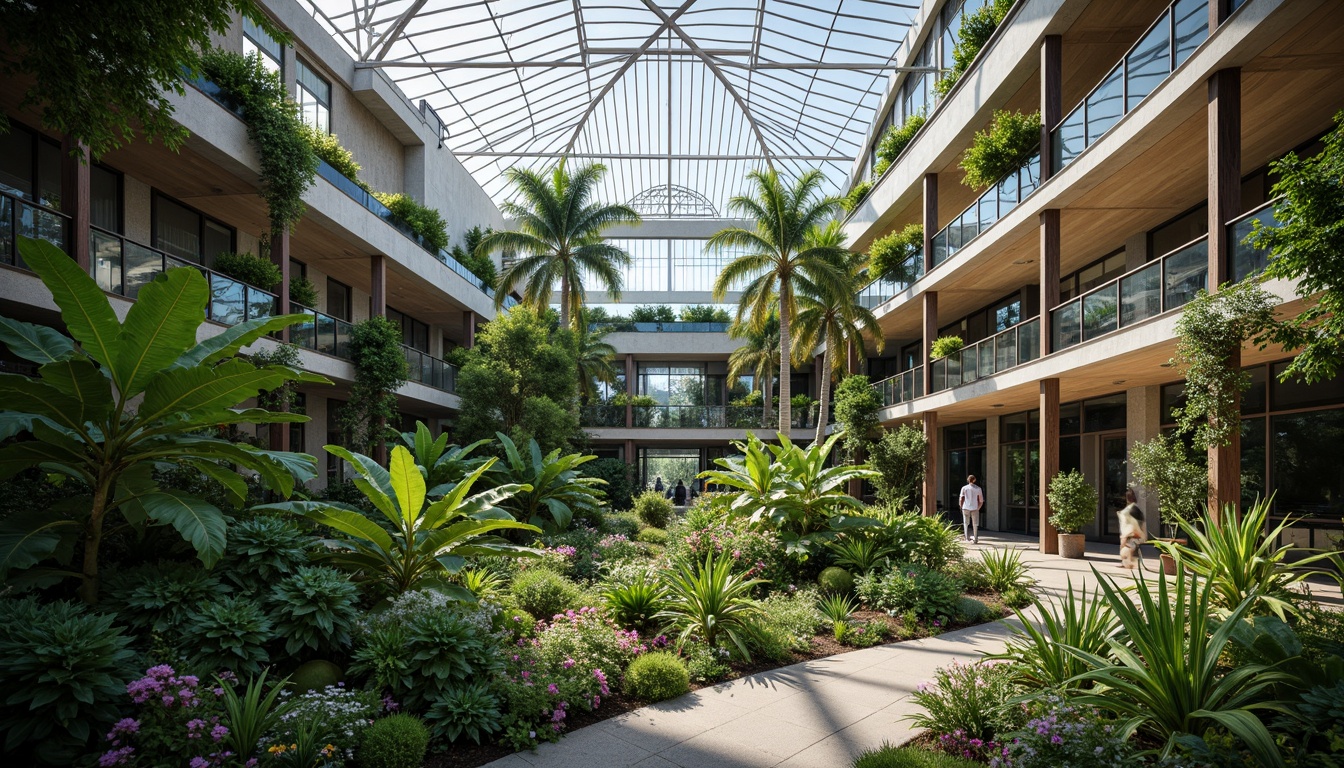 Prompt: Lush vegetation, tropical plants, natural light, steel frames, glass facades, curved lines, minimalist design, industrial materials, exposed ductwork, clerestory windows, skylights, diffused lighting, 3/4 composition, warm color palette, rustic wooden accents, living walls, green roofs, rainwater harvesting systems, solar panels, misting systems, airy atmosphere, soft focus, shallow depth of field, panoramic view.