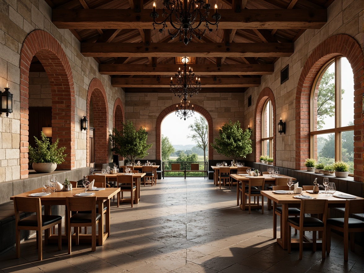 Prompt: Rustic dining hall, stone walls, brick arches, wooden beams, earthy color palette, natural textures, rustic chandeliers, wooden tables, cozy ambiance, warm lighting, shallow depth of field, 2/3 composition, realistic materials, ambient occlusion, traditional craftsmanship, hand-laid masonry, ornate stonework, classic architectural details, grand hallways, high ceilings, large windows, countryside views, serene atmosphere.