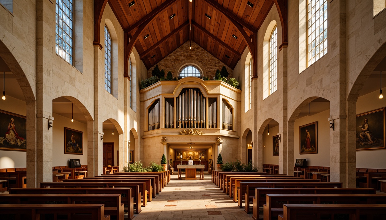 Prompt: Sacred church interior, warm beige stone walls, stained glass windows, rich velvet fabrics, ornate gold accents, soft candlelight, serene atmosphere, traditional Christian iconography, wooden pews, intricate carvings, vaulted ceilings, grand organs, peaceful ambiance, natural light filtering through, subtle earthy tones, muted pastel hues, elegant simplicity, 1/2 composition, warm color harmony, realistic textures, ambient occlusion.