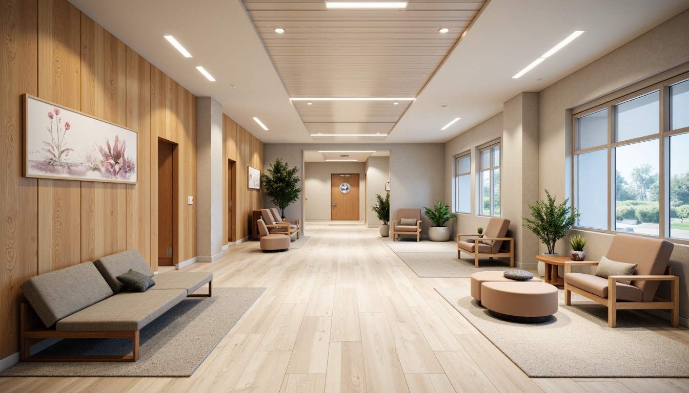 Prompt: Calming healthcare facility, soothing color palette, natural wood accents, comfortable seating areas, gentle lighting fixtures, acoustic ceiling tiles, minimalist decor, spacious waiting rooms, ergonomic furniture, soft fabric textures, warm neutral tones, calming artwork, peaceful ambiance, shallow depth of field, 1/1 composition, realistic renderings, ambient occlusion.