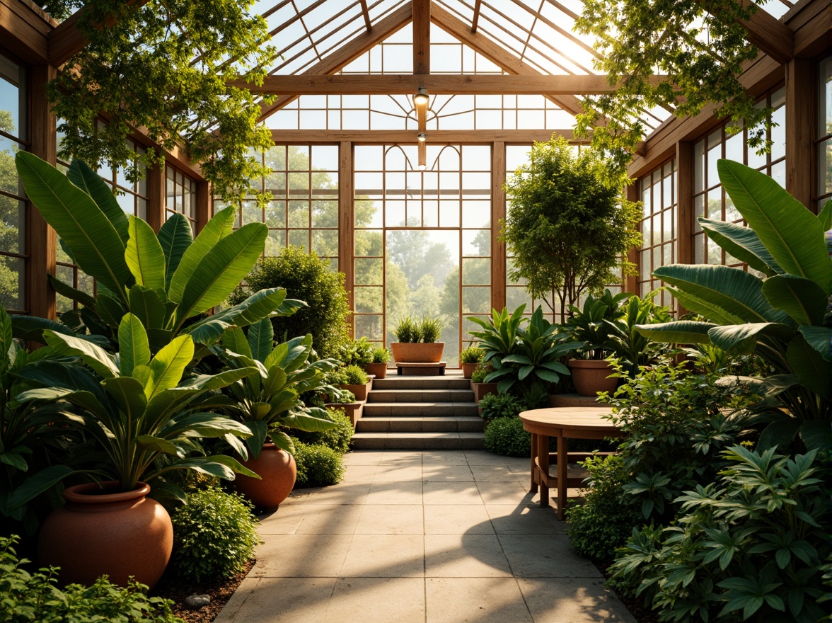 Prompt: Vibrant greenhouse interior, lush greenery, tropical plants, natural wood accents, earthy terracotta pots, warm golden lighting, soft misting system, gentle breeze, serene ambiance, harmonious color palette, balanced contrast, analogous hues, soothing shades of green, calming blue undertones, stimulating yellow highlights, refreshing atmosphere, 1/1 composition, shallow depth of field, realistic textures, ambient occlusion.