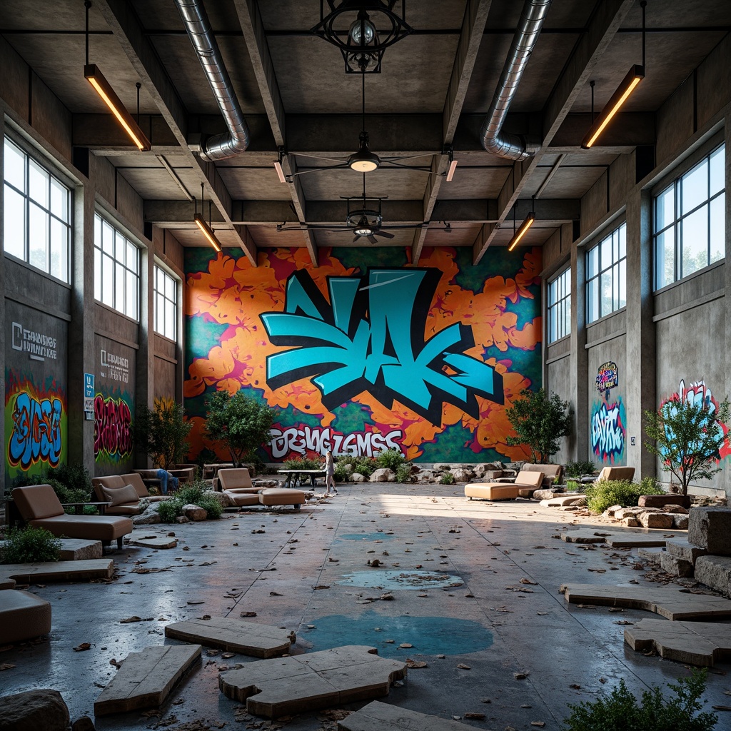 Prompt: Deconstructed gymnasium, fragmented concrete walls, exposed ductwork, industrial metal beams, vibrant neon accents, bold graffiti murals, distressed wood flooring, abstract geometric patterns, dynamic angular lines, experimental color blocking, clashing bold hues, electric blue, fiery orange, toxic green, metallic silver, high-contrast lighting, dramatic shadows, 3/4 composition, low-angle shot, realistic textures, ambient occlusion.