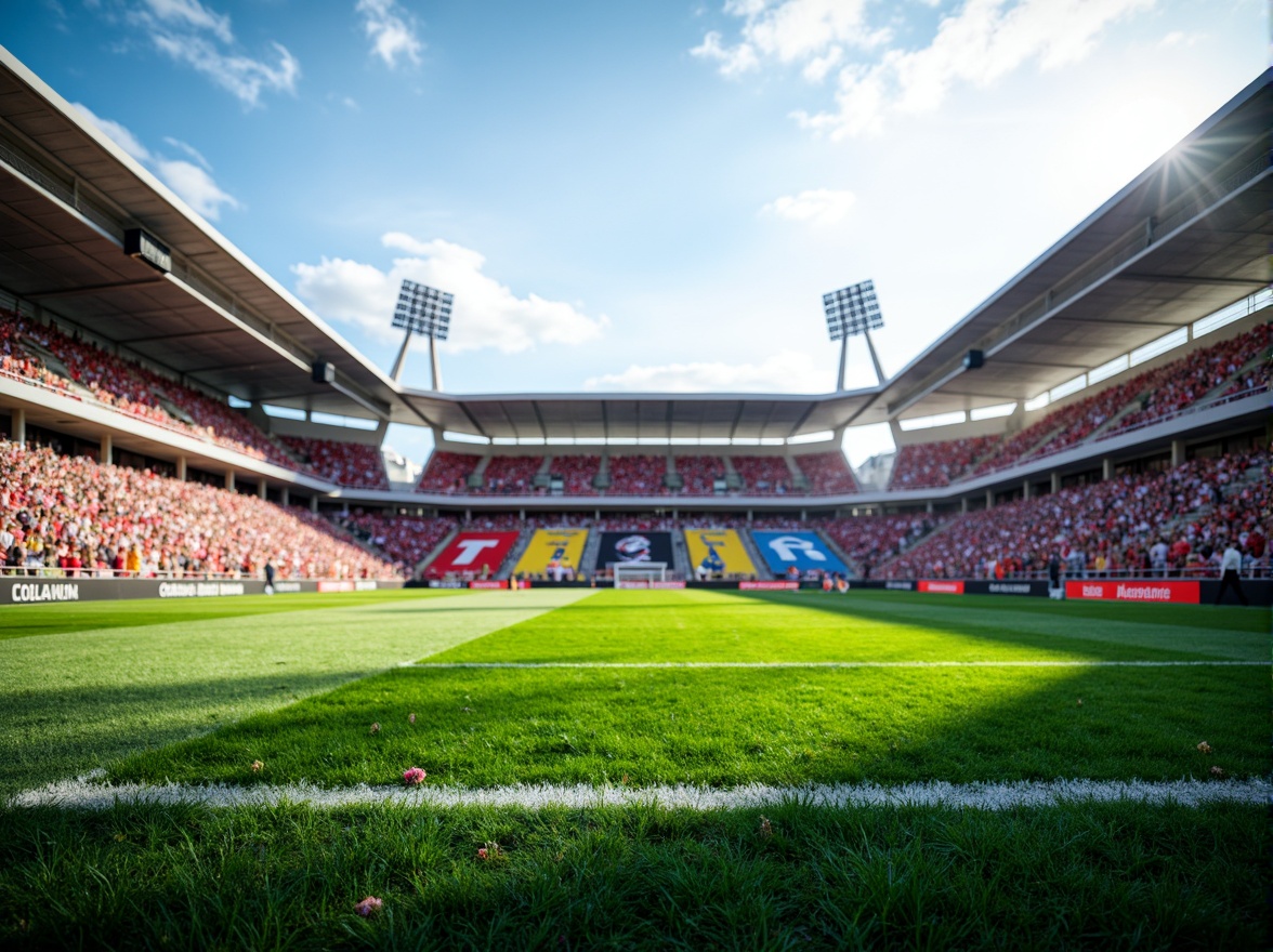 Prompt: Vibrant soccer stadium, bold team colors, dynamic seating arrangements, electric atmosphere, lush green grass, modern floodlights, sleek metallic structures, energetic crowd, thrilling matchday experience, warm sunny day, soft natural lighting, shallow depth of field, 3/4 composition, panoramic view, realistic textures, ambient occlusion.