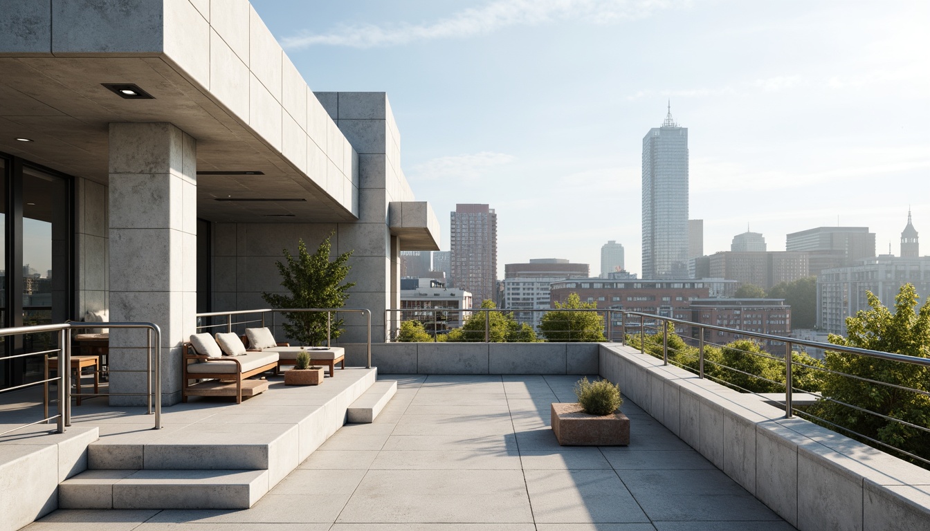 Prompt: Urban rooftop terraces, minimalist railings, sleek metal banisters, modernist concrete structures, functional simplicity, industrial materials, geometric shapes, monochromatic color schemes, urban skyline views, sunny afternoon light, soft shadows, shallow depth of field, 1/1 composition, symmetrical framing, crisp clean lines, abstract textures, ambient occlusion.