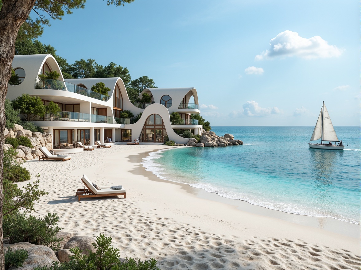 Prompt: White sandy beaches, crystal-clear waters, sailboats, lighthouses, modern coastal architecture, curved lines, geometric shapes, triangular roofs, circular windows, rectangular columns, minimalist design, natural stone walls, wooden accents, nautical-themed decor, ocean-inspired color palette, soft blue hues, calming atmosphere, warm sunny day, shallow depth of field, 1/2 composition, realistic textures, ambient occlusion.