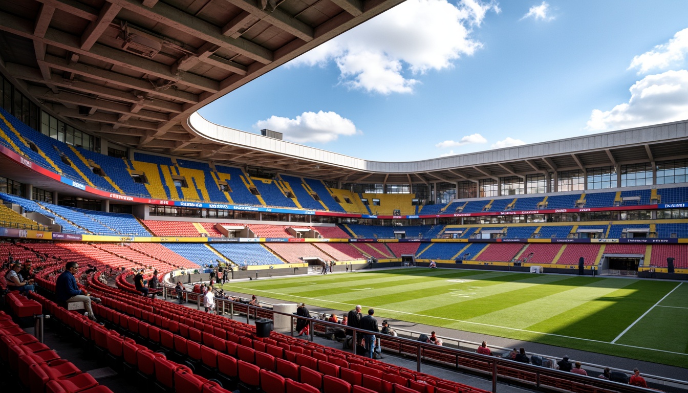 Prompt: Vibrant stadium interior, fusion architecture style, dynamic color palette, bold red seats, electric blue accents, bright yellow signage, metallic silver railings, sleek black flooring, energetic green turf, innovative LED lighting, modern retractable roofs, angular concrete structures, futuristic glass facades, urban cityscape views, sunny day atmosphere, high-contrast shadows, dramatic spotlights, 1/1 composition, cinematic camera angles, realistic reflections, ambient occlusion.