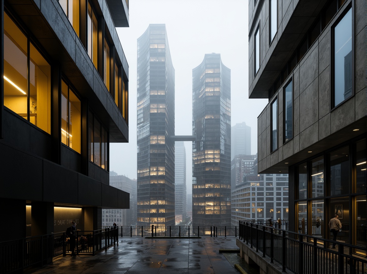 Prompt: Sleek watching towers, modernist architecture, bold monochromatic scheme, dark grey concrete, industrial metal accents, vibrant pops of yellow, sleek glass fa\u00e7ades, minimalist lines, futuristic silhouettes, urban cityscape, misty morning atmosphere, high-angle shot, dramatic shadows, 1/2 composition, cinematic lighting, gritty textures, atmospheric fog.