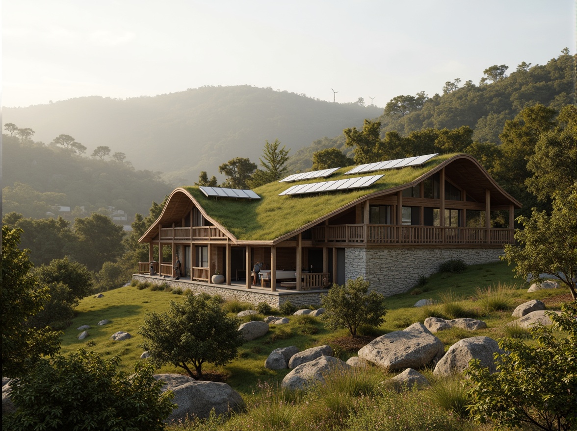 Prompt: Rustic rural farmhouse, earthy tones, wooden accents, lush green roofs, solar panels, wind turbines, water harvesting systems, eco-friendly materials, natural stone walls, curved lines, organic forms, blending with surroundings, scenic countryside views, rolling hills, dense forests, misty mornings, soft warm lighting, shallow depth of field, 1/1 composition, panoramic view, realistic textures, ambient occlusion.