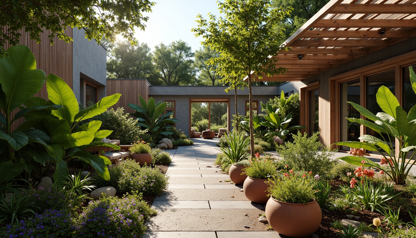 Prompt: Vibrant botanical garden, lush green foliage, warm natural light, rustic wooden trellises, earthy terracotta pots, soft misting system, humid tropical climate, exotic flowering plants, colorful butterfly attractors, fragrant herb gardens, organic soil textures, reclaimed wood accents, modern minimalist architecture, large glass panels, sliding glass doors, ambient shaded lighting, 3/4 composition, realistic plant renderings, subtle color gradients.