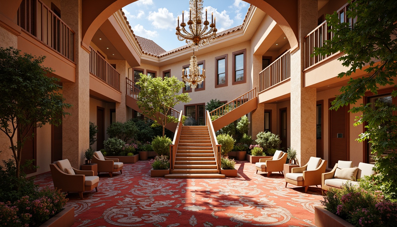 Prompt: Vibrant casino entrance, grand staircase, ornate chandeliers, lavish furnishings, rich wood paneling, intricate moldings, opulent carpets, bold color schemes, natural stone walls, large windows, clerestory roofs, skylights, soft warm lighting, ambient occlusion, realistic textures, shallow depth of field, 3/4 composition, panoramic view, regionalism-inspired architecture, Mediterranean-style buildings, rustic stonework, terracotta rooftops, lush greenery, blooming flowers, sunny day.