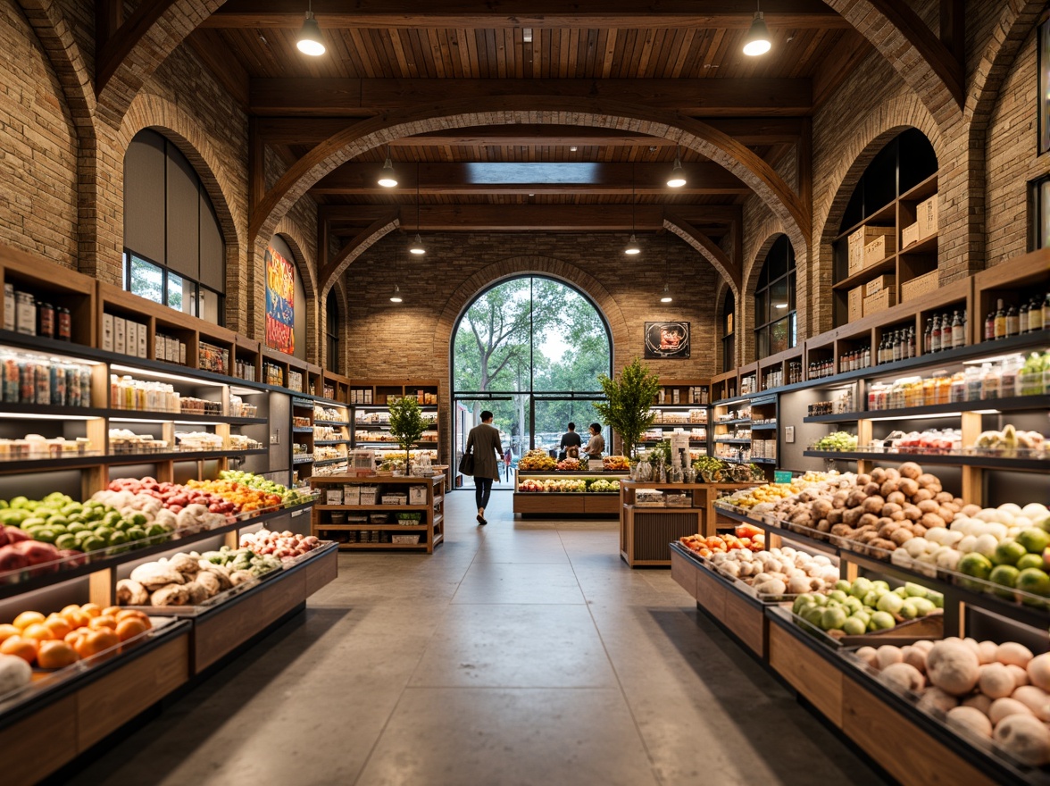 Prompt: Inviting grocery store interior, natural stone archways, wooden accents, warm lighting, rustic brick walls, modern minimalist shelves, fresh produce displays, vibrant colorful packaging, bustling shopping atmosphere, soft background music, 3/4 composition, shallow depth of field, panoramic view, realistic textures, ambient occlusion.