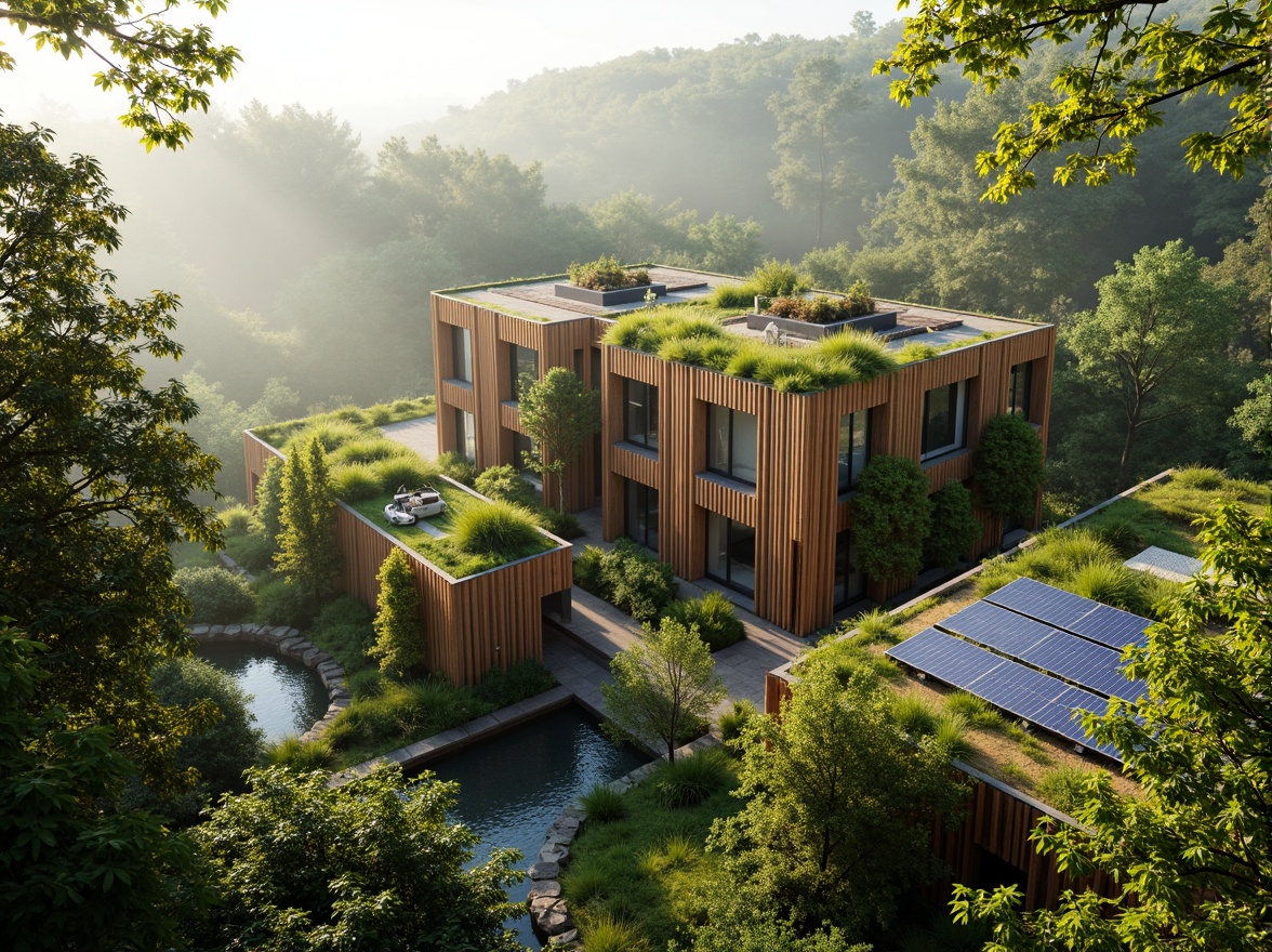 Prompt: Vibrant green walls, living roofs, natural wood accents, earthy tones, recycled materials, solar panels, vertical gardens, calming water features, serene forest surroundings, misty morning light, soft diffused shadows, 3/4 composition, warm neutral background, realistic plant textures, ambient occlusion.