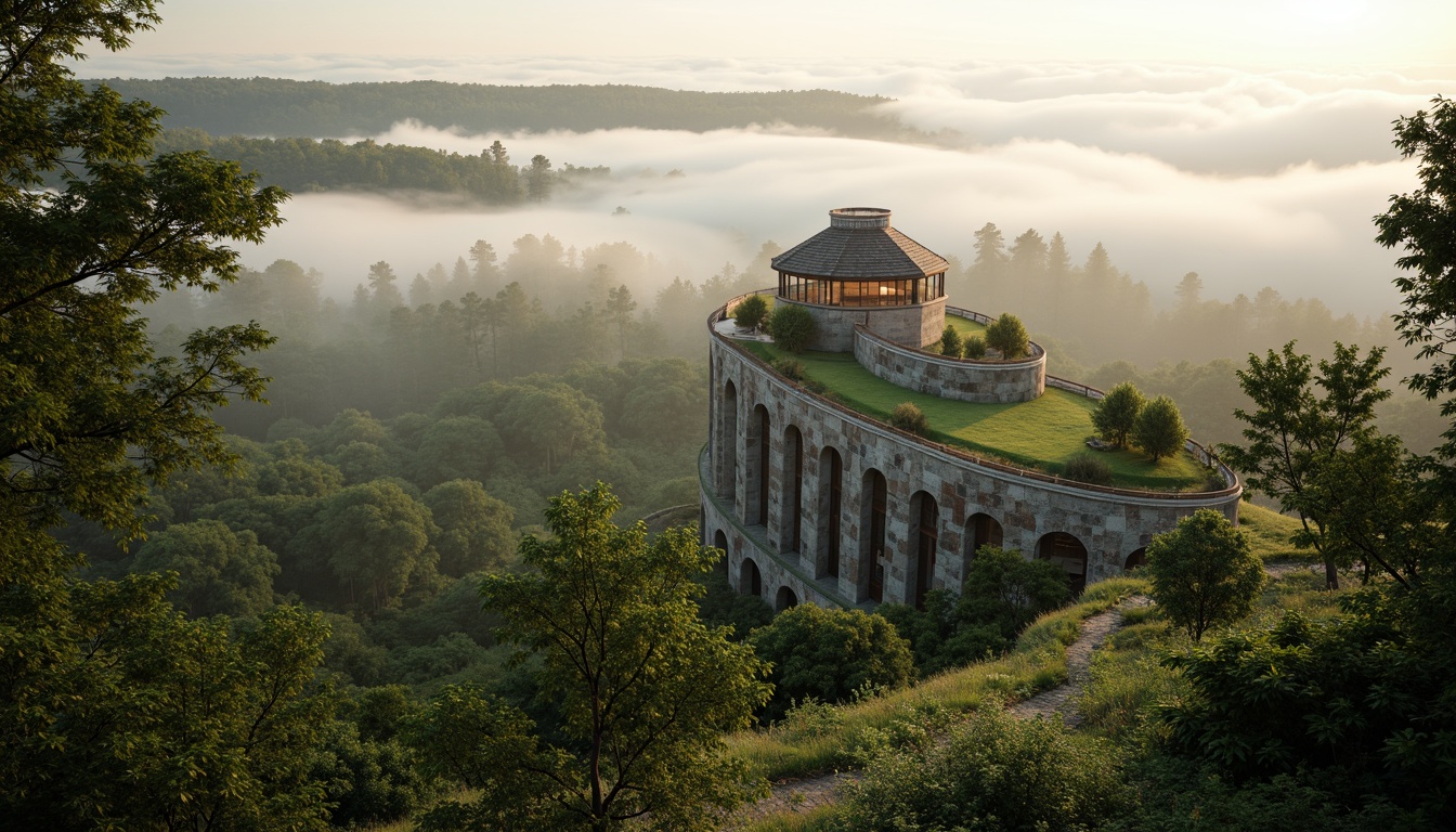 Prompt: Secluded watching tower, harmonious landscape integration, organic curves, natural stone walls, wooden accents, green roofs, lush vegetation, meandering paths, serene forest surroundings, misty morning atmosphere, soft warm lighting, 1/1 composition, atmospheric perspective, detailed textures, subtle color palette.