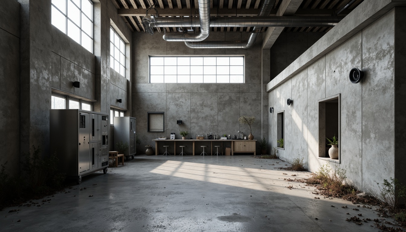 Prompt: Rough exposed concrete walls, brutalist laboratory architecture, industrial aesthetic, functional pipes and ducts, metallic equipment, minimalist decor, cold harsh lighting, high ceilings, open space layout, steel beams, raw unfinished surfaces, distressed textures, monochromatic color scheme, dramatic shadows, low-angle photography, 1/1 composition, realistic render, ambient occlusion.