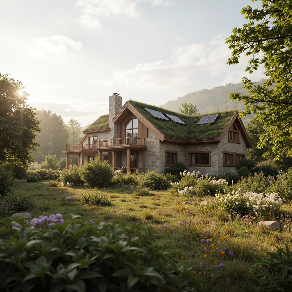 Prompt: Rustic rural cottage, earthy tones, natural stone walls, wooden accents, green roofs, solar panels, wind turbines, rainwater harvesting systems, eco-friendly materials, organic gardens, wildflower meadows, serene countryside views, misty mornings, soft warm lighting, shallow depth of field, 3/4 composition, panoramic view, realistic textures, ambient occlusion.