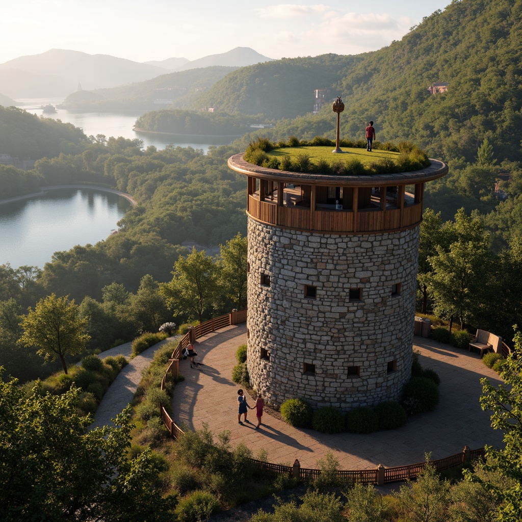 Prompt: Watching tower, rustic stone walls, wooden accents, earthy tones, lush green roofs, overhanging eaves, panoramic views, bird's eye perspective, rolling hills, misty valleys, serene lakeside, surrounding forests, winding trails, natural stonework, wooden decking, cozy nooks, telescopes, binoculars, star-gazing, warm golden lighting, soft focus, atmospheric perspective, 1/2 composition, realistic textures, ambient occlusion.