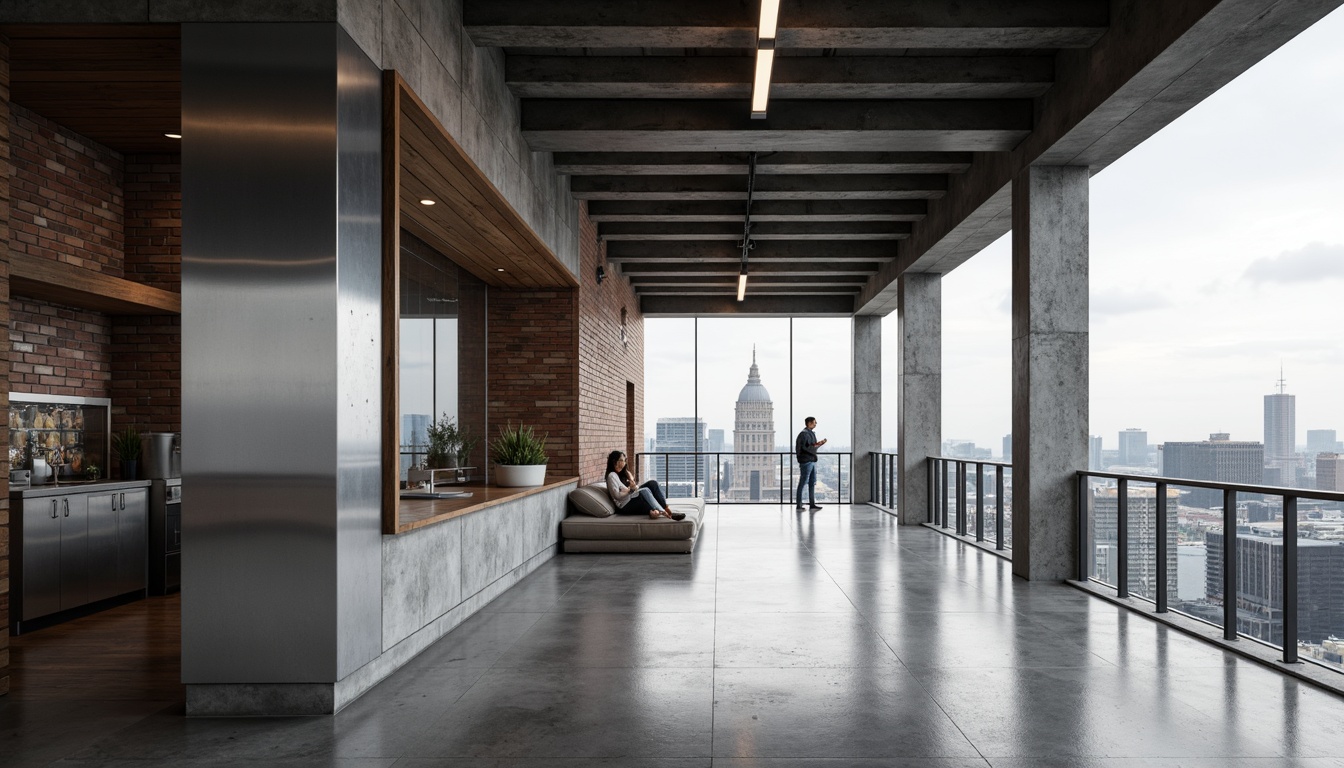 Prompt: Polished concrete floors, exposed brick walls, metallic cladding, industrial steel beams, minimalist wooden accents, sleek glass railings, brutalist raw concrete columns, abstract geometric patterns, monochromatic color schemes, urban cityscape backgrounds, overcast skies, dramatic shadows, high-contrast lighting, cinematic composition, shallow depth of field, 2.35