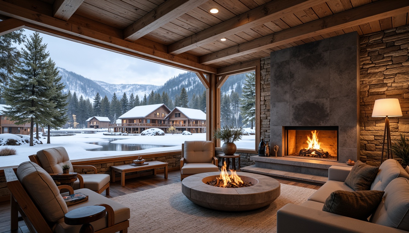 Prompt: Rustic ski lodge, wooden beams, stone walls, earthy tones, natural textures, reclaimed wood accents, cozy fireplaces, warm lighting, snowy mountain views, frozen lakes, pine trees, snow-covered roofs, eco-friendly materials, sustainable architecture, modern amenities, minimalist decor, panoramic windows, 3/4 composition, soft focus, shallow depth of field.