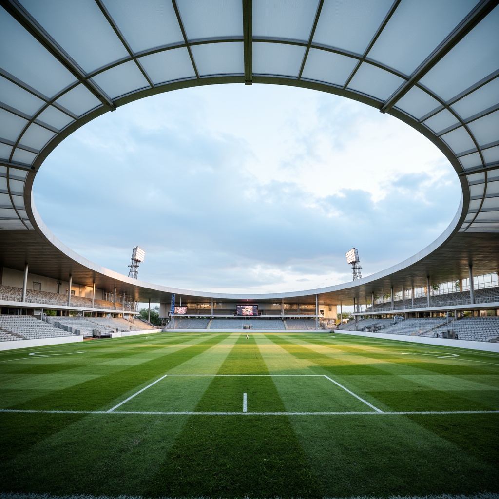 Prompt: Sleek modern sports fields, streamline architecture, curved lines, minimalist design, bright green grass, white athletic tracks, stainless steel goalposts, mesh fences, scoreboard displays, floodlighting, cloudy blue sky, soft warm lighting, shallow depth of field, 3/4 composition, panoramic view, realistic textures, ambient occlusion.