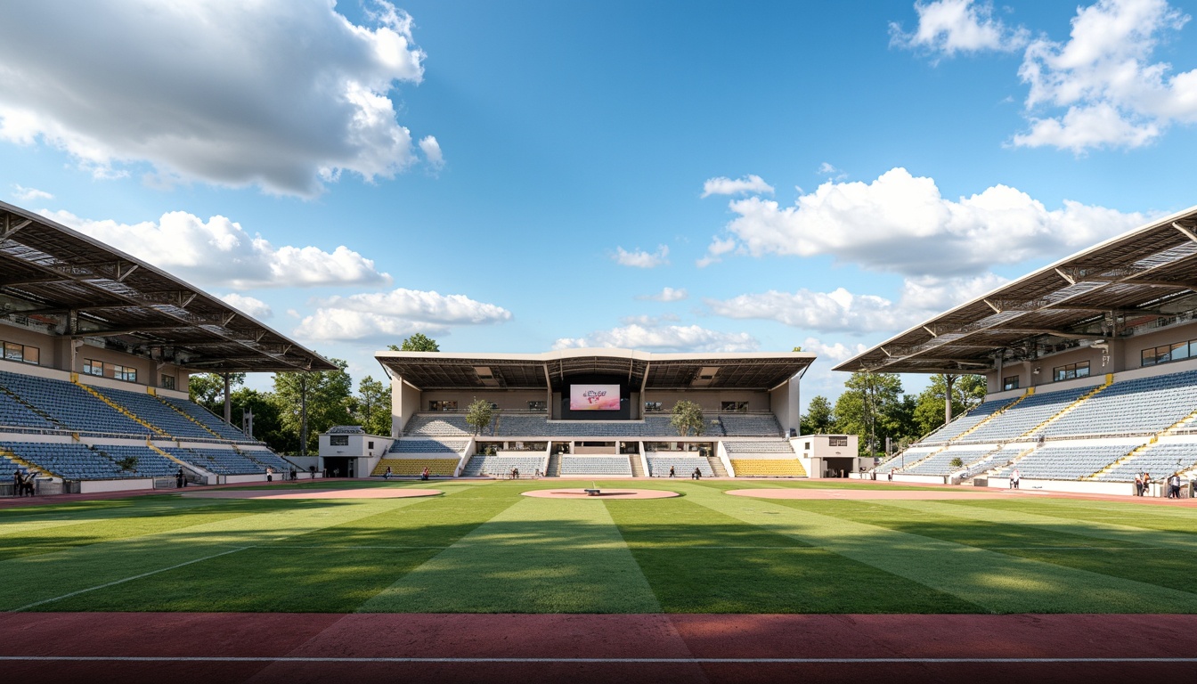 Prompt: Streamlined modern sports field, sleek metallic fa\u00e7ade, aerodynamic curves, bold color blocking, dynamic LED lighting, futuristic scoreboard displays, minimalist bleacher seating, artificial turf surfaces, athletic track lanes, jumping pit areas, high-jump and pole-vault facilities, throwing cages, soccer goal nets, basketball hoops, tennis court enclosures, sunny day, clear blue sky, dramatic cloud formations, shallow depth of field, 3/4 composition, panoramic view, realistic textures, ambient occlusion.