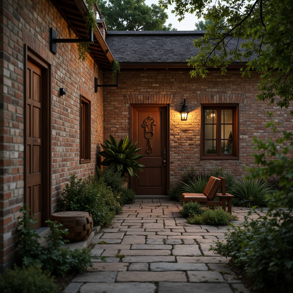 Prompt: Rustic brick walls, distressed textures, earthy tones, warm ambient lighting, cozy atmosphere, vintage decorative accents, ornate wooden doors, antique hardware, weathered stone foundations, lush greenery, overgrown vines, natural surroundings, shallow depth of field, 1/2 composition, realistic render, detailed normal maps, subtle specular highlights.