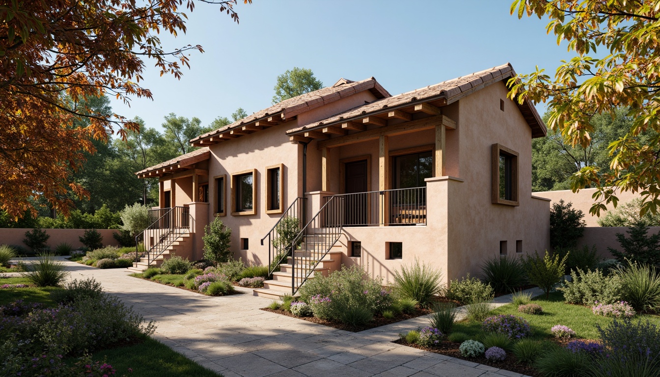 Prompt: Rustic regionalism building, curved terracotta roof tiles, earthy color palette, natural stone walls, wooden shutters, ornate ironwork, Mediterranean-inspired architecture, lush greenery, blooming flowers, sunny day, warm soft lighting, shallow depth of field, 3/4 composition, panoramic view, realistic textures, ambient occlusion.