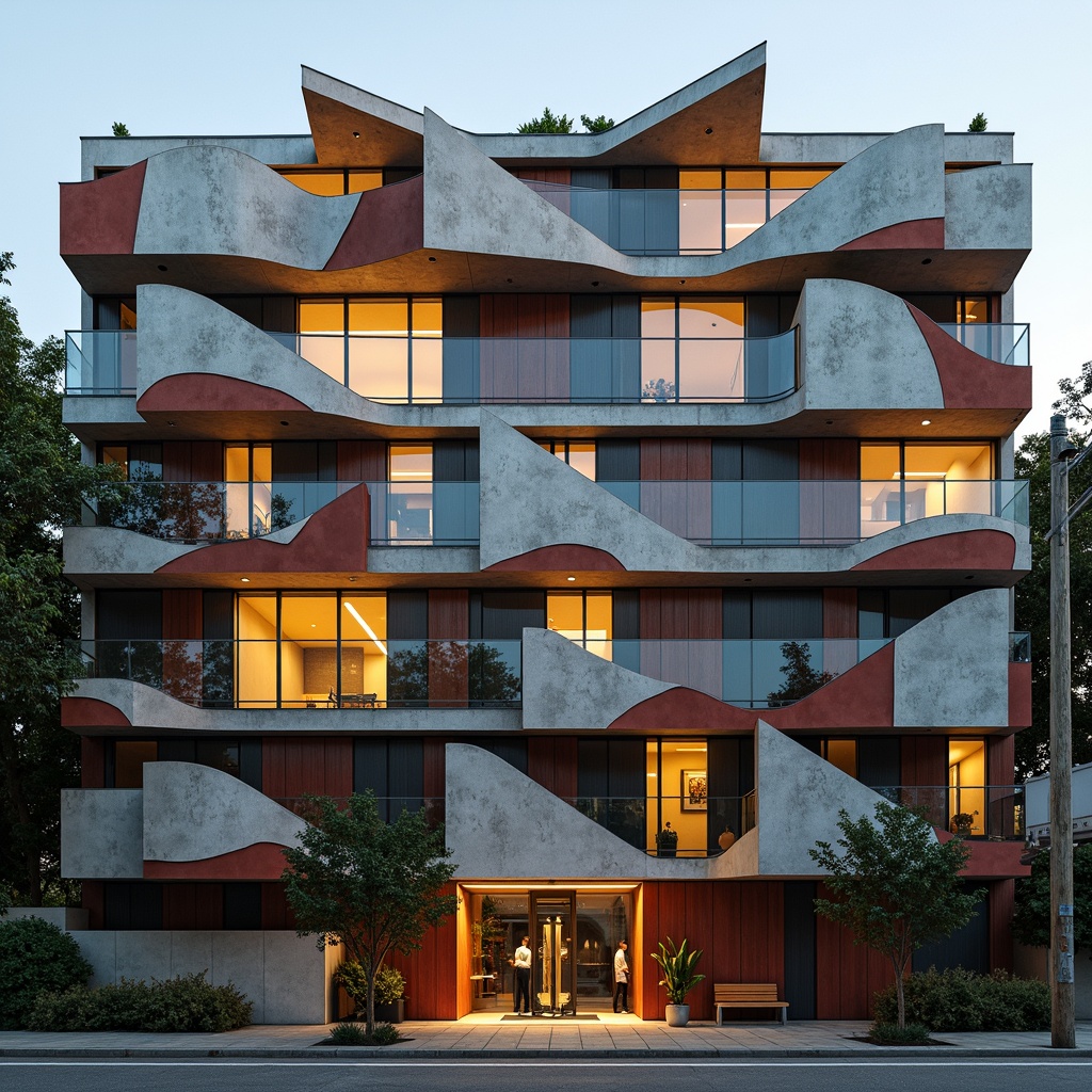 Prompt: Deconstructed gymnasium facade, fragmented forms, irregular shapes, bold color blocking, distressed concrete textures, industrial metal accents, angular windows, cantilevered rooflines, asymmetrical compositions, dynamic light play, high-contrast shading, moody atmospheric lighting, 1/2 composition, dramatic shadows, abstract patterns, brutalist architectural elements, avant-garde design language, postmodern references.