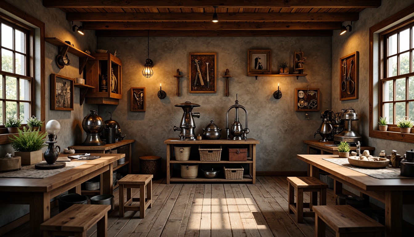 Prompt: Rustic wooden workshop, classic industrial machinery, distressed metal accents, worn stone walls, vintage tool displays, wooden workbenches, leather aprons, nostalgic lantern lighting, warm golden tones, soft natural textures, shallow depth of field, 2/3 composition, symmetrical framing, realistic renderings, ambient occlusion.