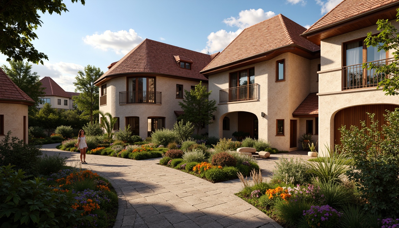 Prompt: Rustic regionalism buildings, steeply pitched roofs, terra cotta tiles, earthy brown colors, wooden accents, natural stone walls, curved archways, ornate metalwork, vibrant floral patterns, lush greenery, sunny day, warm golden lighting, shallow depth of field, 3/4 composition, panoramic view, realistic textures, ambient occlusion.