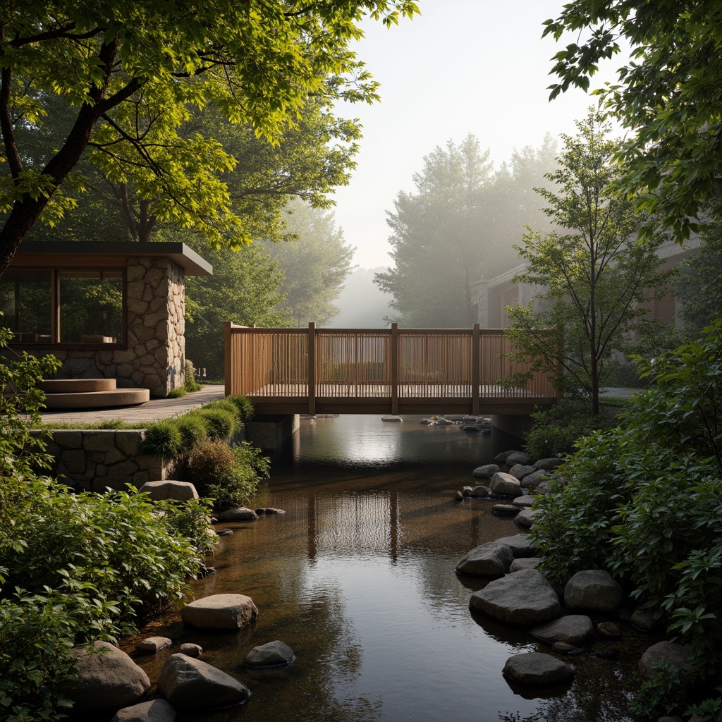 Prompt: Rustic wooden bridge, natural stone pillars, woven bamboo railings, lush greenery surroundings, serene water flow, misty morning atmosphere, soft warm lighting, shallow depth of field, 3/4 composition, panoramic view, realistic textures, ambient occlusion.