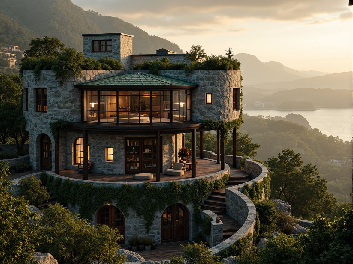 Prompt: Majestic watchtower, rustic stone walls, verdant ivy, panoramic views, rolling hills, serene lake waters, misty morning fog, warm golden lighting, dramatic shadows, intricate stonework, wooden accents, lantern-like windows, curved lines, organic forms, lush green roofs, native plant species, weathered wooden decks, scenic overlooks, winding staircases, cozy reading nooks, soft ambient sounds, 1/1 composition, realistic textures, atmospheric fog effects.