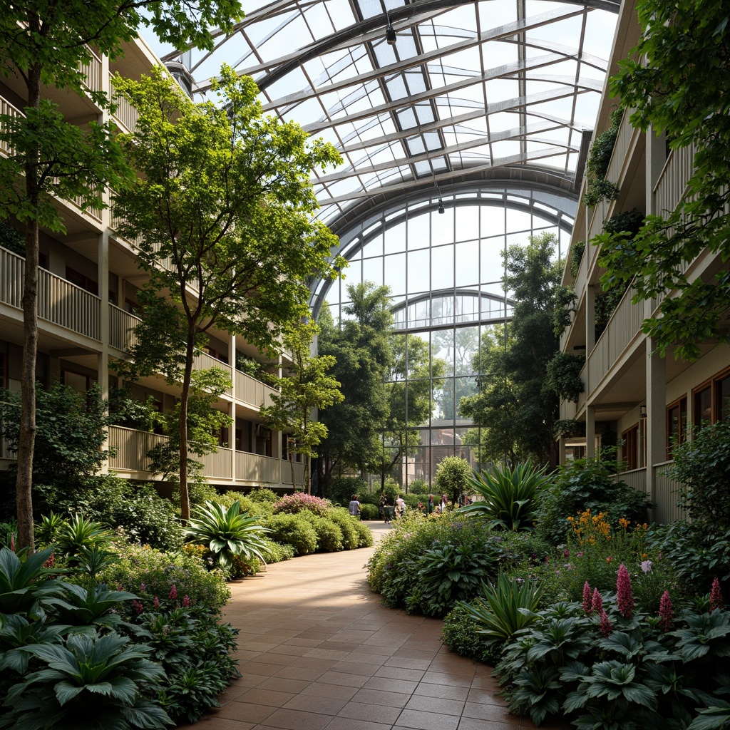 Prompt: Tropical greenhouse, lush greenery, exotic flowers, curved glass roof, steel frame structure, natural ventilation systems, solar panels, rainwater harvesting, recycled materials, energy-efficient lighting, misting irrigation system, climate-controlled interior, living walls, vertical farming, organic gardens, educational signage, interactive exhibits, warm natural light, shallow depth of field, 1/1 composition, realistic textures, ambient occlusion.