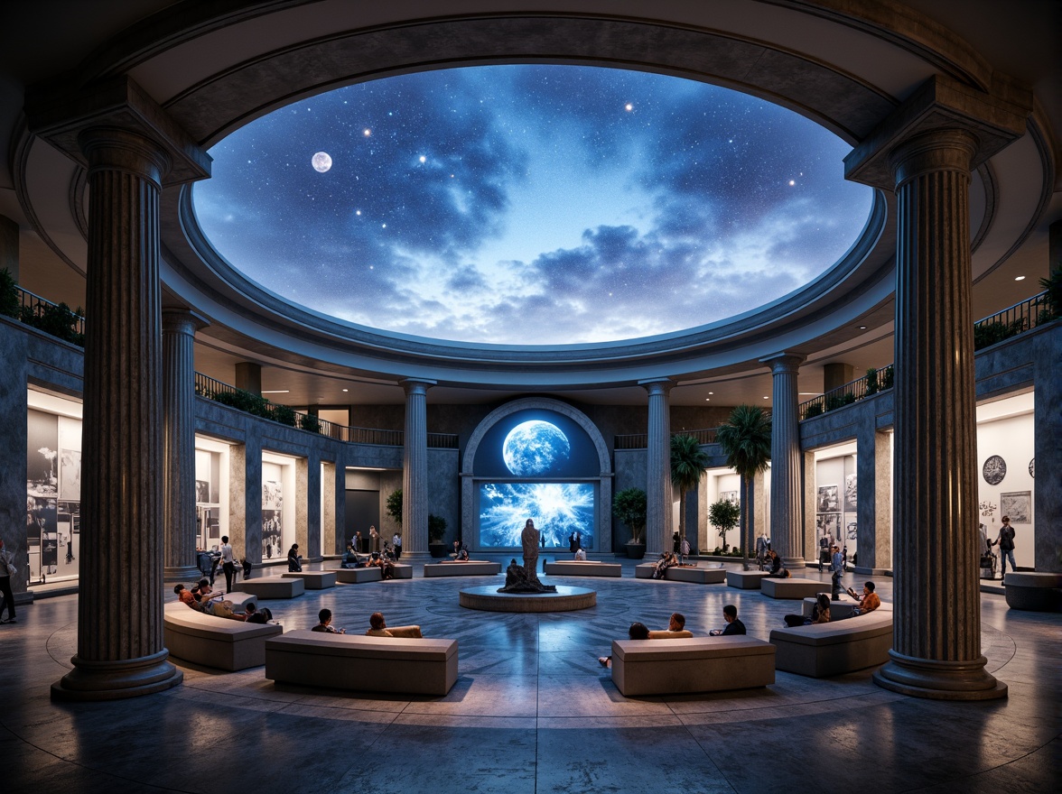 Prompt: Cosmic urban landscape, futuristic planetarium dome, neoclassical architecture, marble columns, ornate details, celestial body exhibitions, interactive space exhibits, stargazing areas, astronomical instruments, telescopes, virtual reality experiences, ambient lighting, starry night sky projections, soft misty atmosphere, shallow depth of field, 1/1 composition, symmetrical balance, realistic textures, subtle animations.