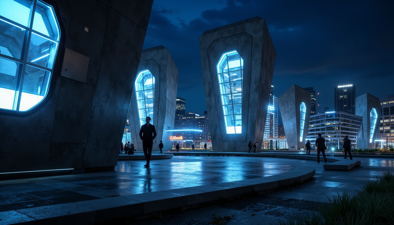 Prompt: Sleek watching towers, modernist architecture, bold monochromatic color scheme, deep blues and whites, metallic accents, reflective glass surfaces, minimalist design, geometric shapes, urban landscape, cityscape background, dramatic nighttime lighting, moody atmospheric effects, cinematic composition, low-angle shot, high-contrast shadows, futuristic ambiance, neon lights, LED displays.