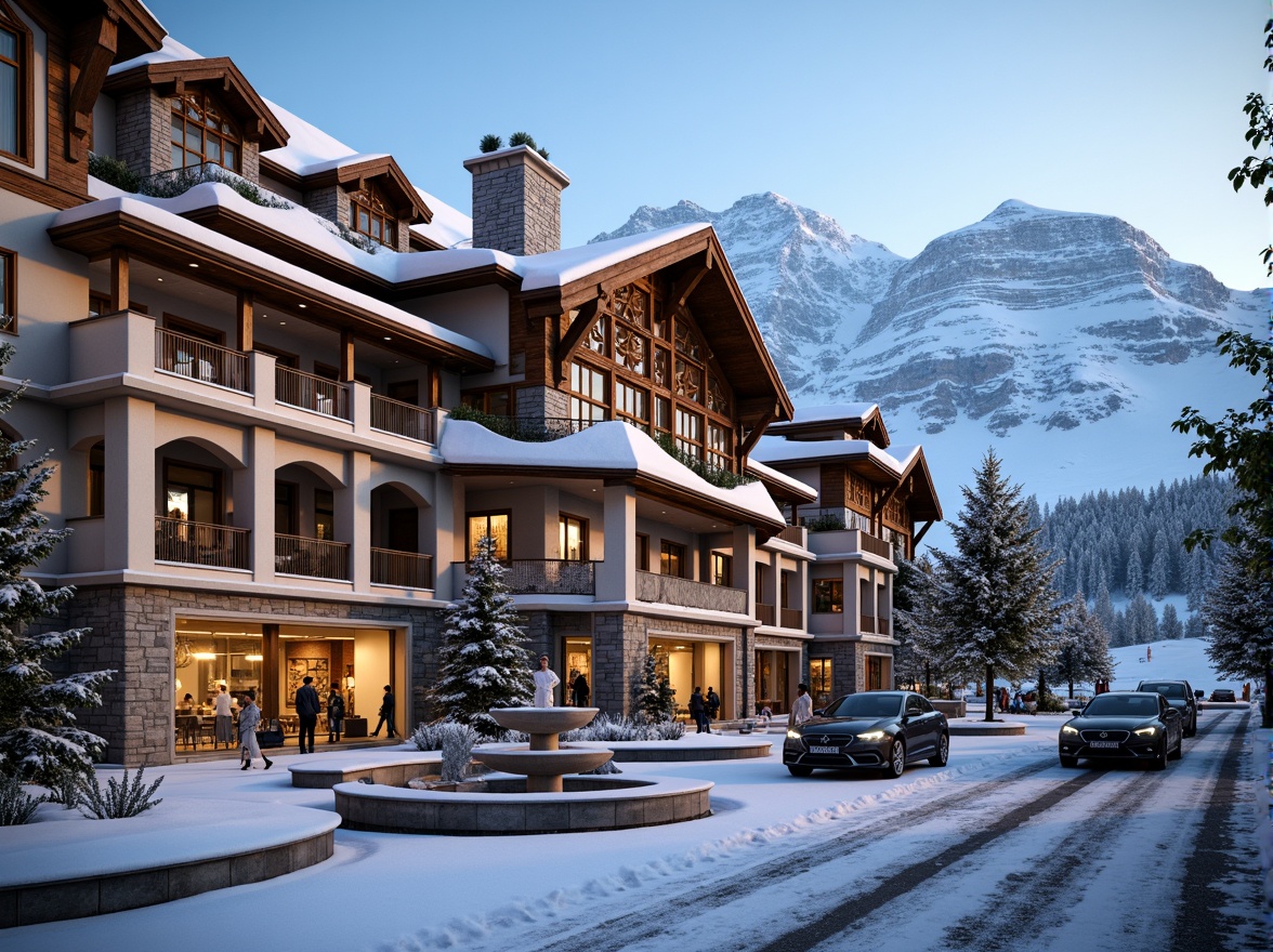 Prompt: Grandiose ski center facade, ornate Baroque details, golden accents, sweeping arches, intricate stonework, snow-capped roofs, dramatic columns, lavish balconies, opulent chandeliers, frozen waterfalls, snow-covered mountains, frosty mornings, warm inviting lighting, shallow depth of field, 1/2 composition, panoramic view, realistic textures, ambient occlusion.