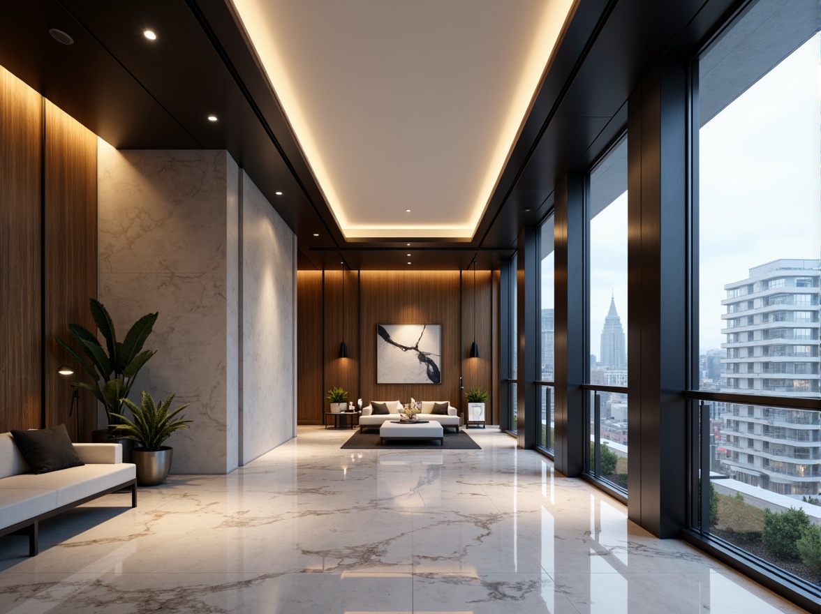 Prompt: Minimalist interior, sleek lines, geometric shapes, monochromatic color scheme, polished metal accents, luxurious marble floors, floor-to-ceiling windows, urban cityscape views, modern abstract art, ambient warm lighting, shallow depth of field, 1/1 composition, realistic textures, subtle reflections.